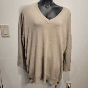 Tahari size 1x oatmeal color vneck sweater w/side buttons details. Small flaw